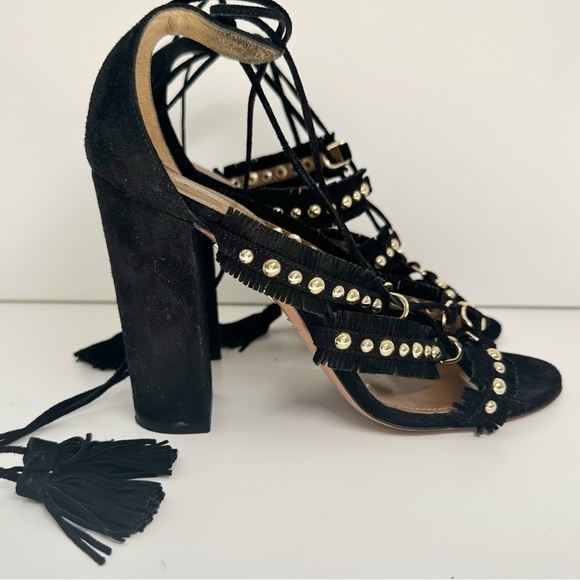 Aquazurra Block Heel Lace Up Heel 6.5 Talum black Suede Gold Studs Tulum - Picture 11 of 12